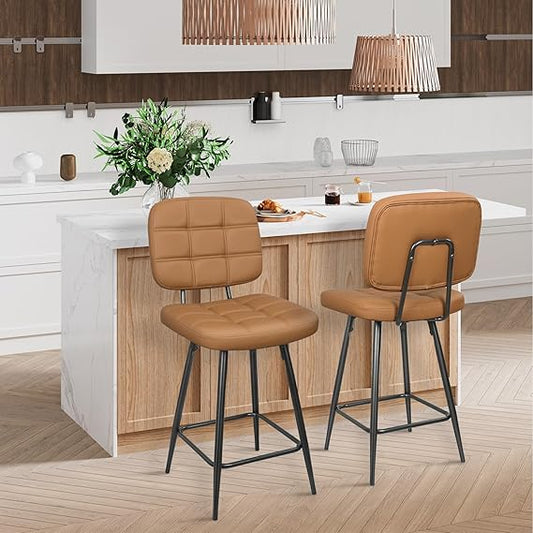 Bar Stools Set of 2,24 Inch Double Needle Upholstered Metal Barstool with Back and Footrest,Bar Chair with Metal Base for Dining Room Counter Island,Brown